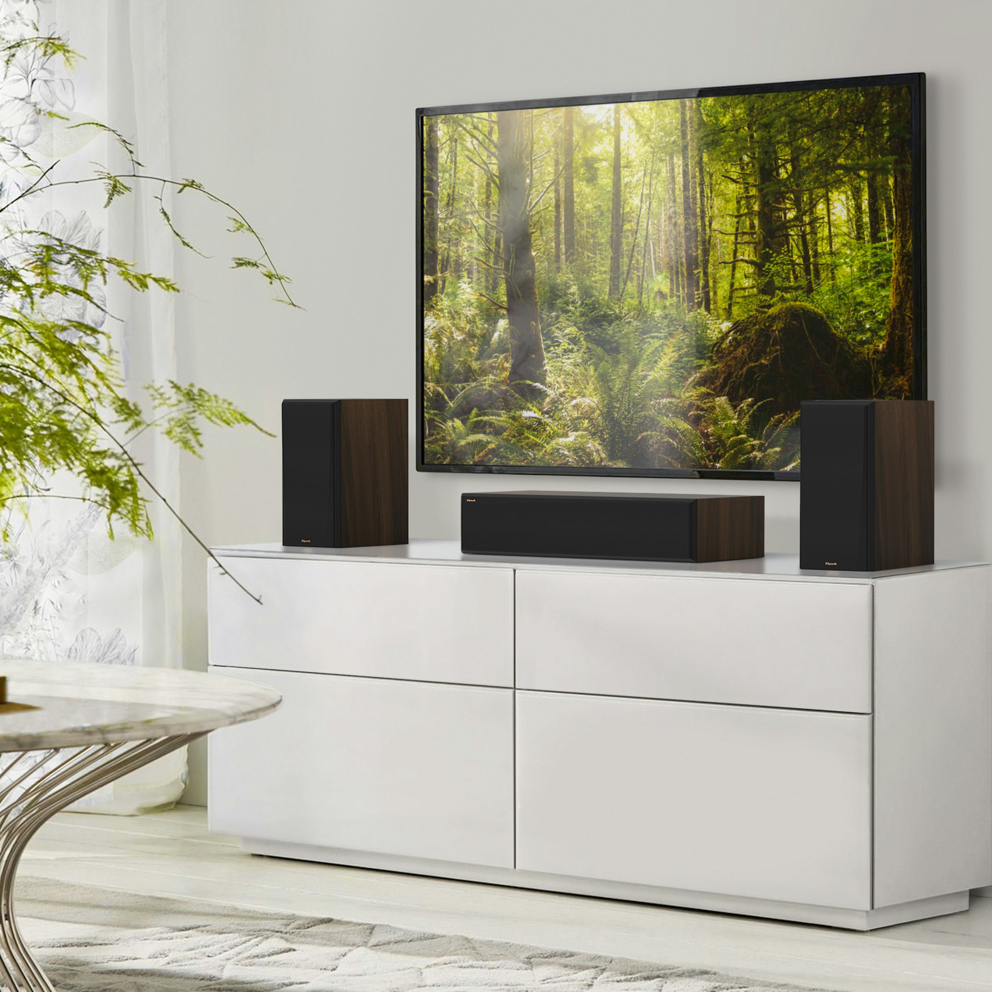RP 600 M II Carousel 15- brown wood speakers next to tv with forest on it